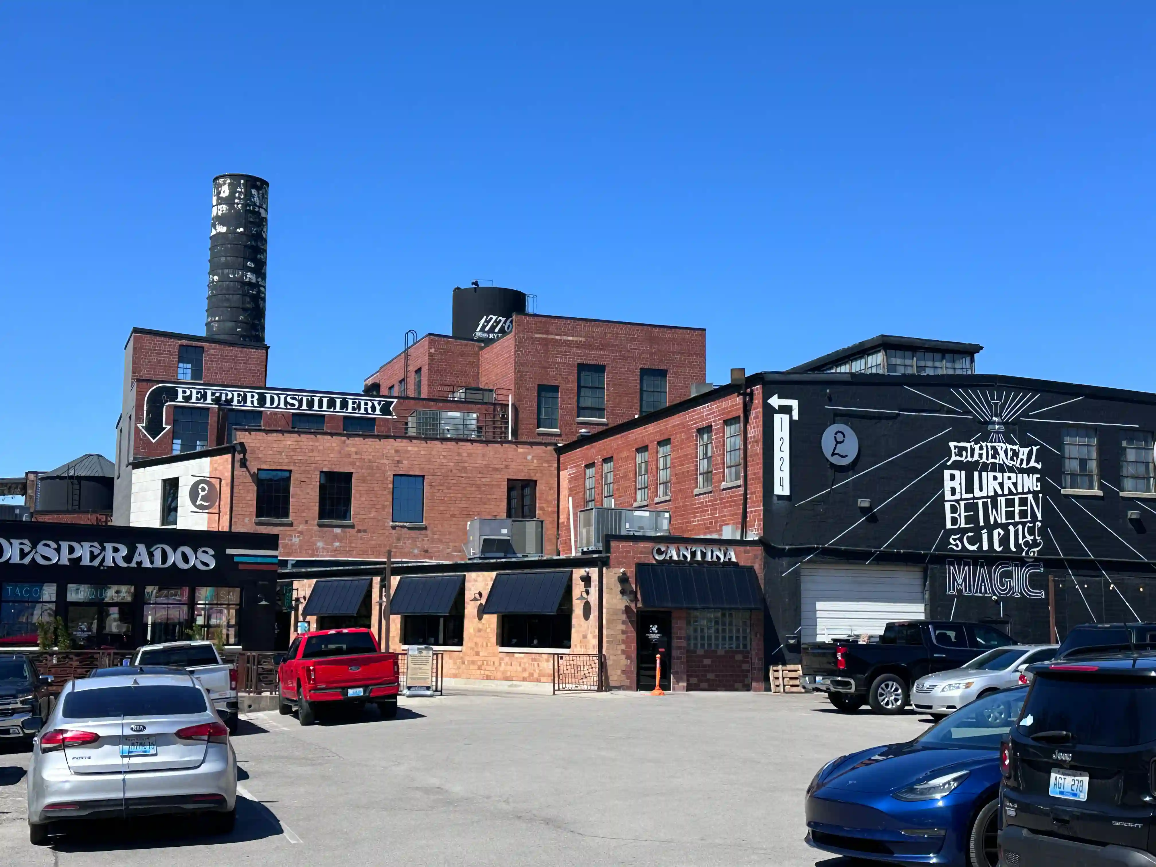 Lexington's Distillery District featuring James E Pepper Distillery and the 1776 water tower