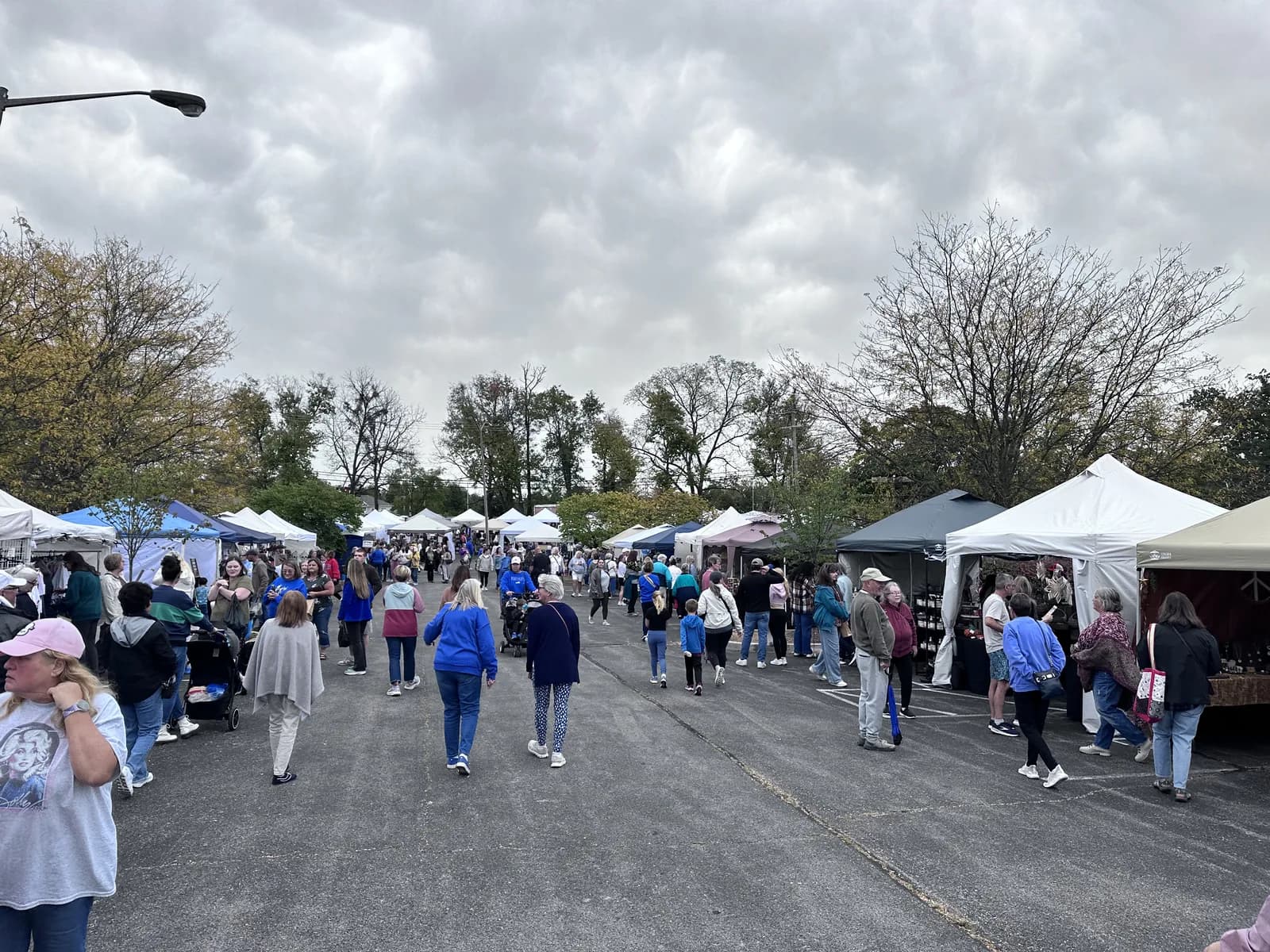 Rows of craft tents and a crowd at the South Elkhorn Fall Festival under a cloudy sky